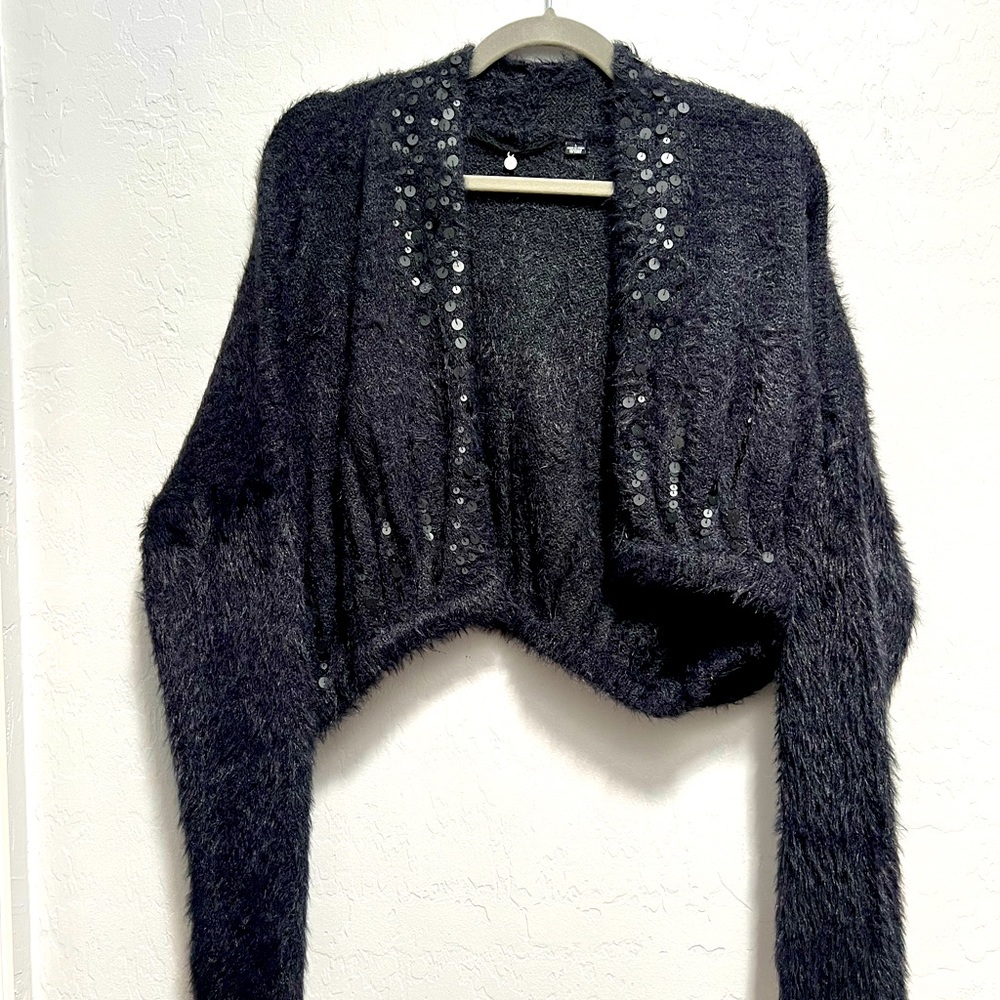 Anthropologie Knitted and Knotted black sequin fuzzy wool shrug.